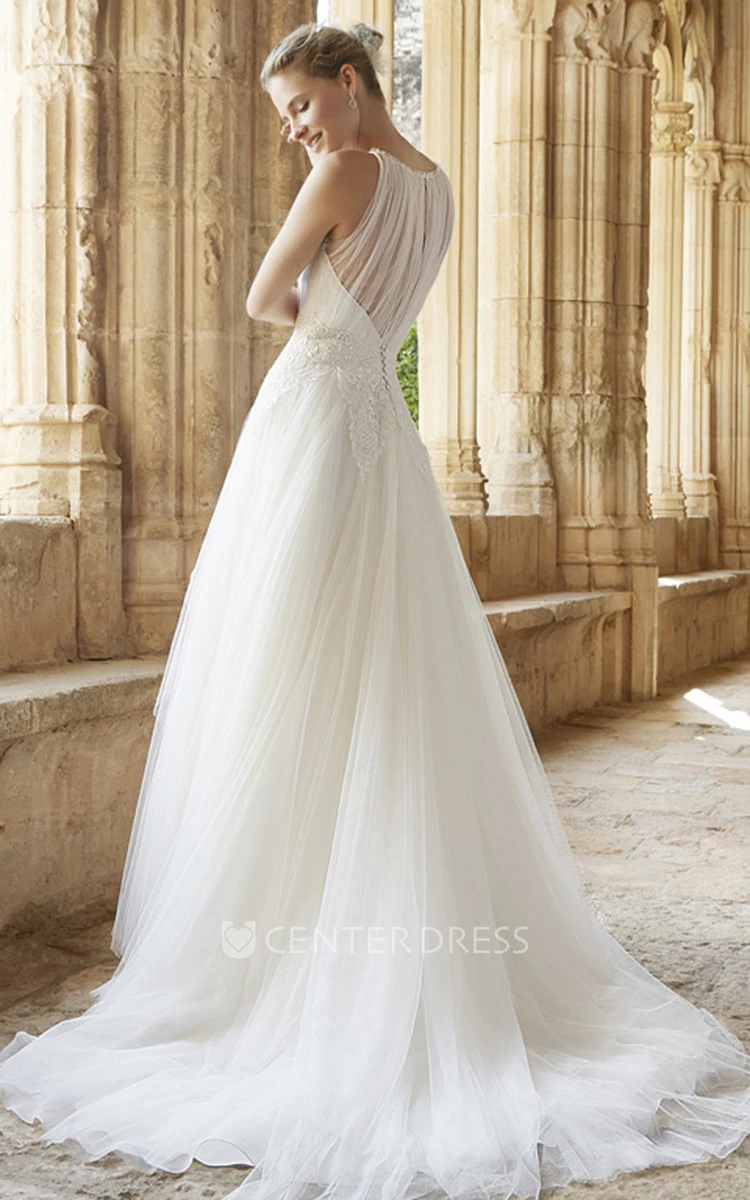 A-Line Appliqued Jewel Long Sleeveless Tulle Wedding Dress With Illusion Back And Ruffles