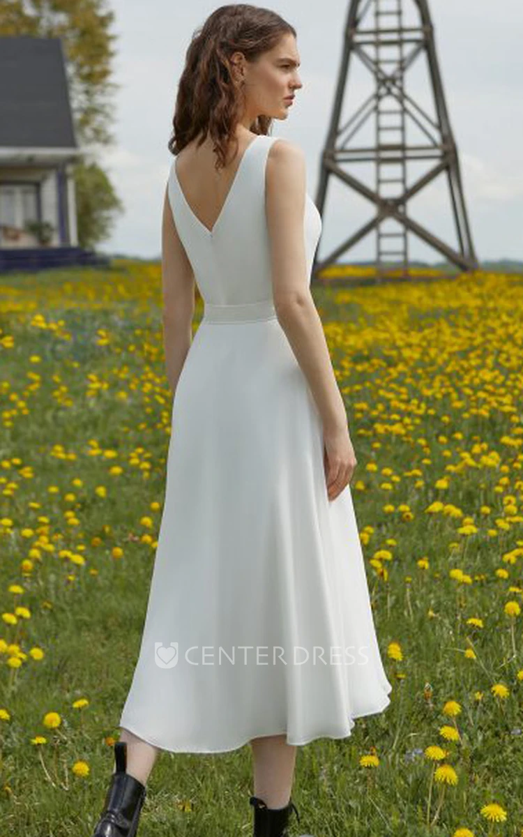 Vintage Chiffon Tea-length Sleeveless A Line V-neck Wedding Dress with Split Front