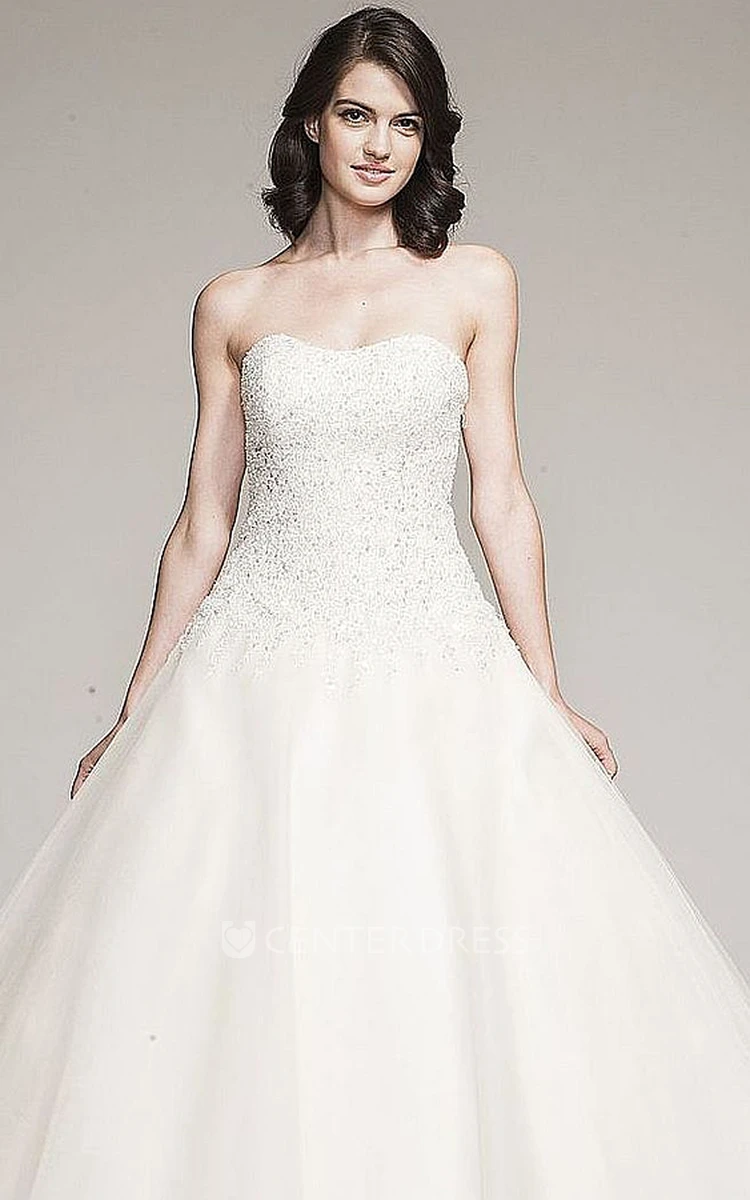 Ball Gown Long Strapless Tulle&Satin Wedding Dress With Beading