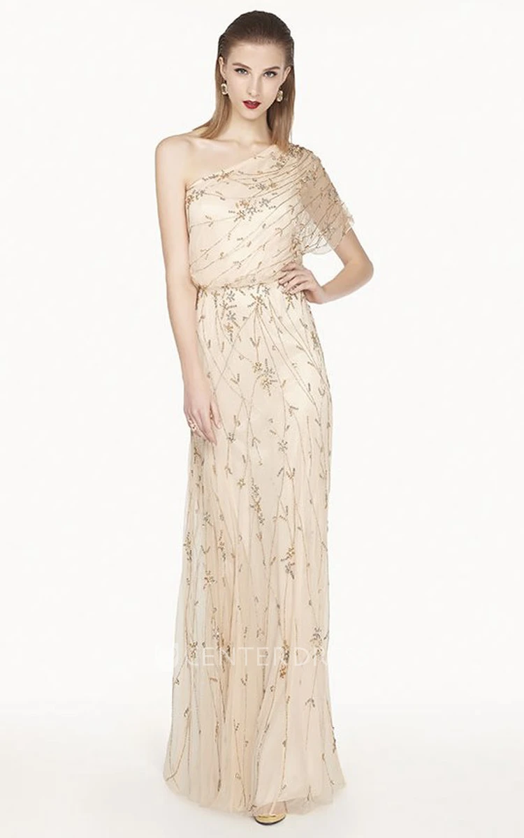 One Shoulder Tulle Long Prom Dress With Single Batwing Sleeve And Embroidery
