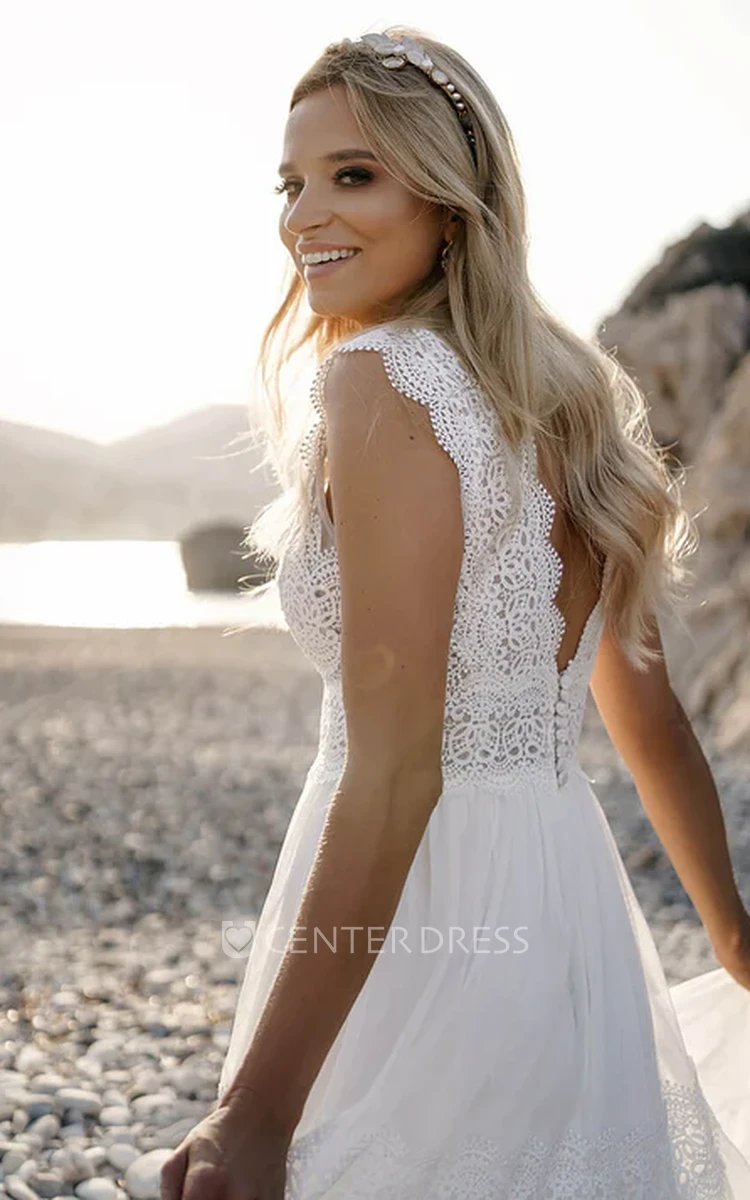 A-Line Straps Lace Wedding Dress Casual Elegant Beach With Deep-V Back And Split Front