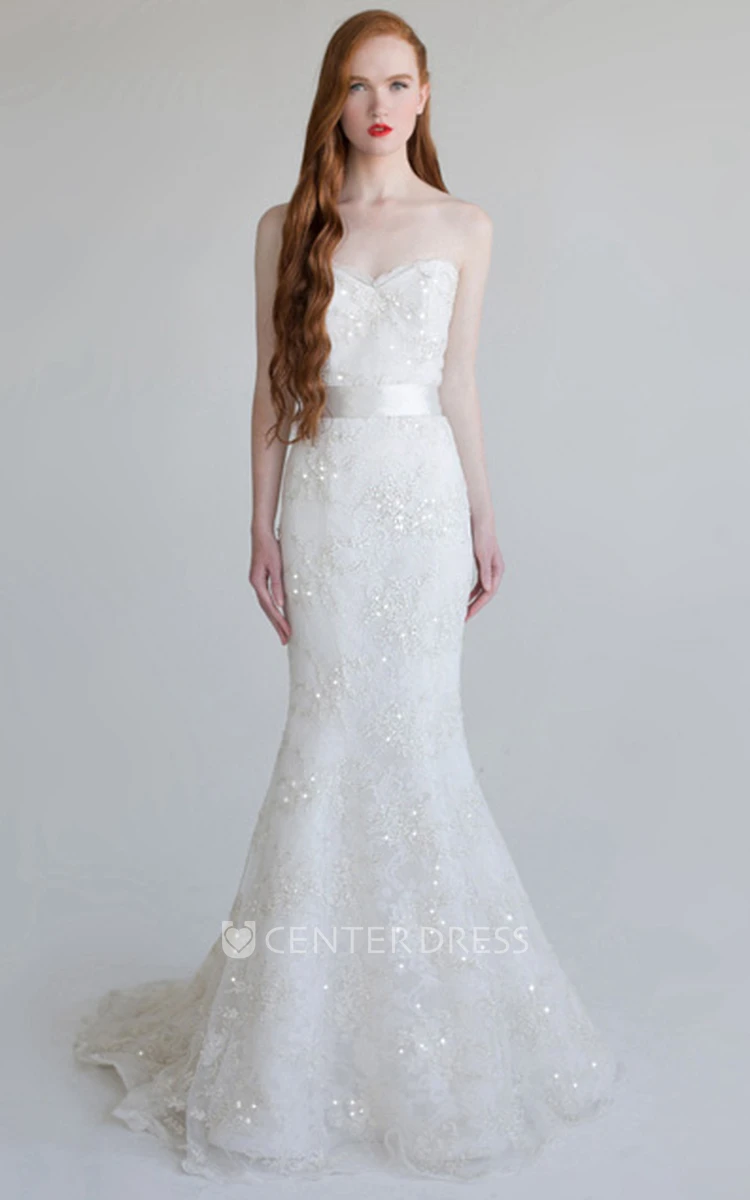 Trumpet Floor-Length Beaded Sweetheart Sleeveless Lace Wedding Dress With Sequins