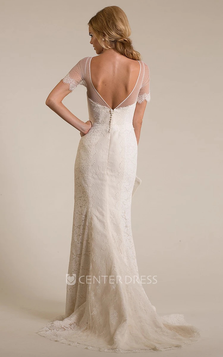 Sheath Short-Sleeve Scoop-Neck Lace Wedding Dress With Flower And Deep-V Back