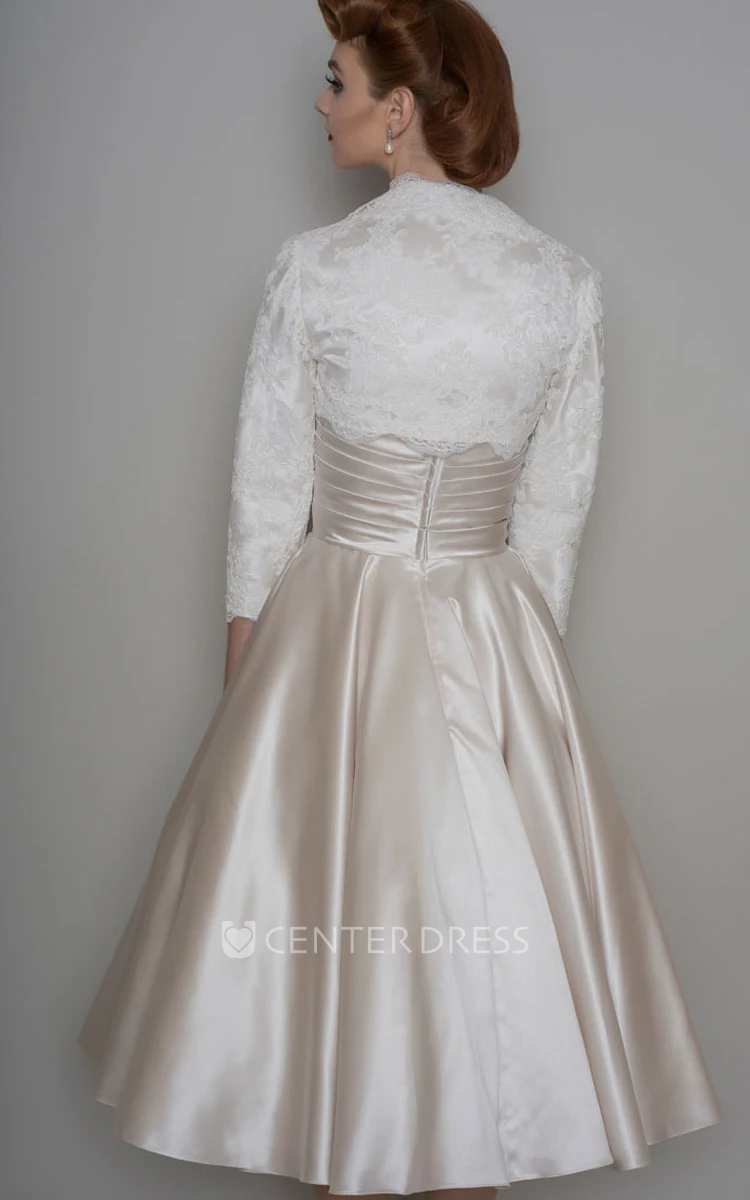 A-Line Sweetheart Criss-Cross Midi Satin Wedding Dress With Cape