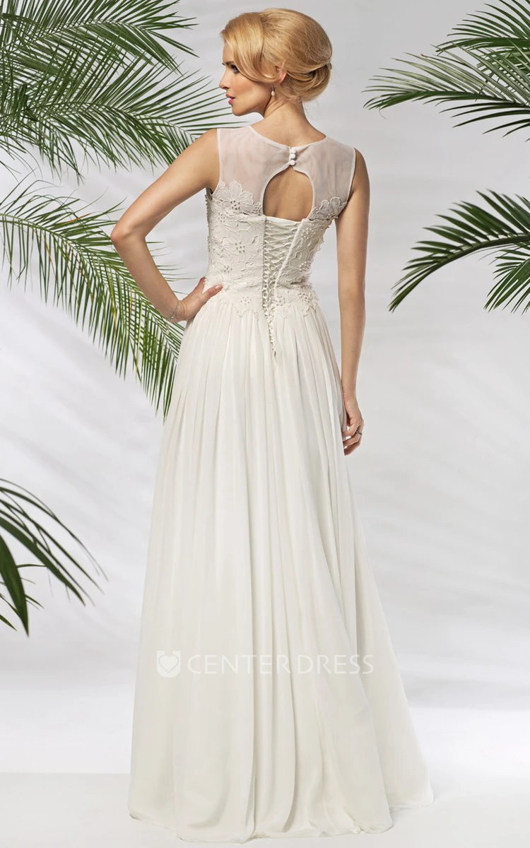 A-Line Sleeveless Scoop-Neck Appliqued Floor-Length Chiffon Wedding Dress With Pleats