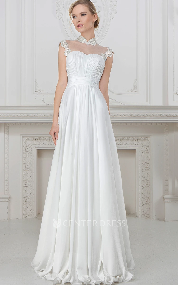 A-Line Floor-Length High-Neck Cap-Sleeve Satin Wedding Dress