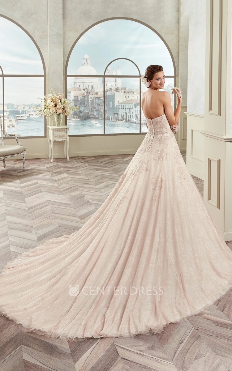 Romantic Strapless A-Line Bridal Gown With Floral Waist And Fine Appliques