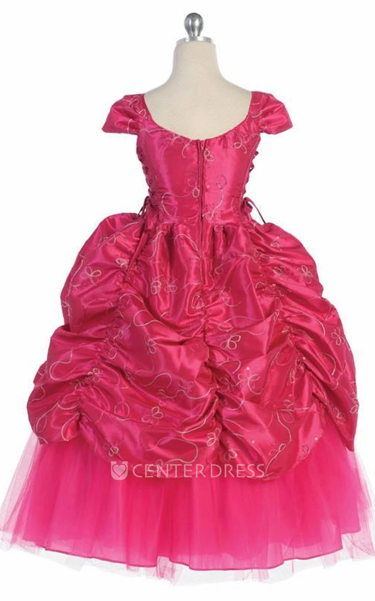 Ankle-Length Tiered Embroideried Lace&Taffeta Flower Girl Dress With Broach