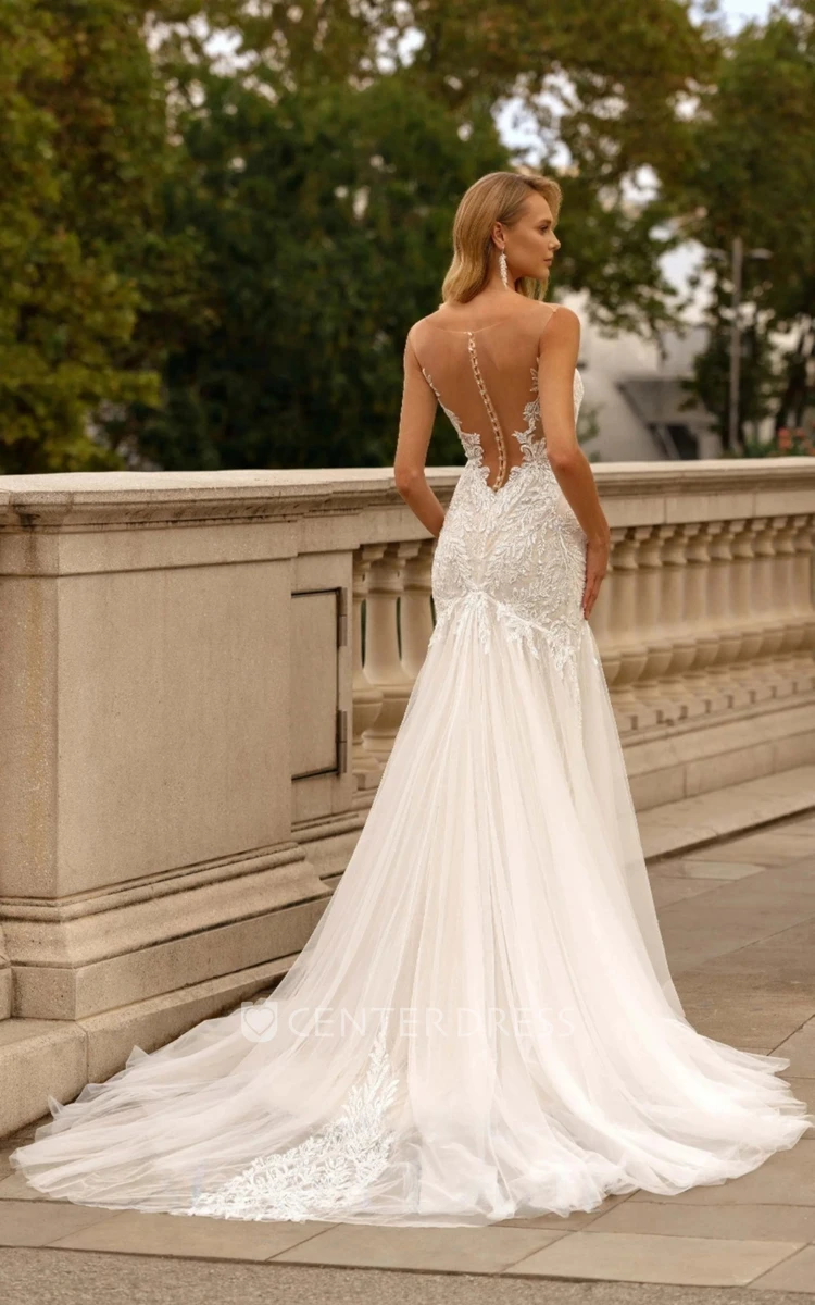 Mermaid Beach Strap Wedding Gown V-neck Sleeveless with Deep-V Back Brush Train Beading Lace
