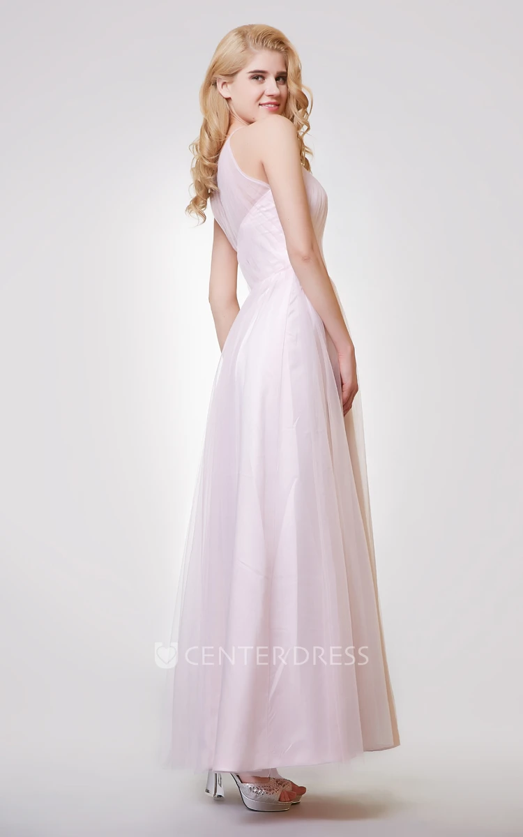 Sleeveless A-line Long Tulle Dress With Pleats