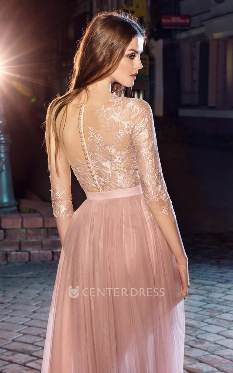 A-Line Scoop-Neck Half Sleeve Lace Tulle Illusion Dress With Appliques And Flower