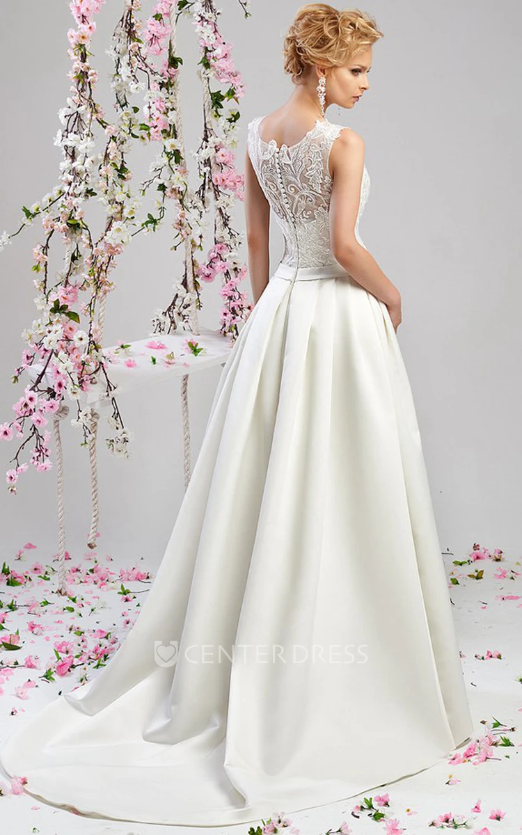 A-Line Appliqued Scoop-Neck Floor-Length Sleeveless Satin Wedding Dress With Embroidery