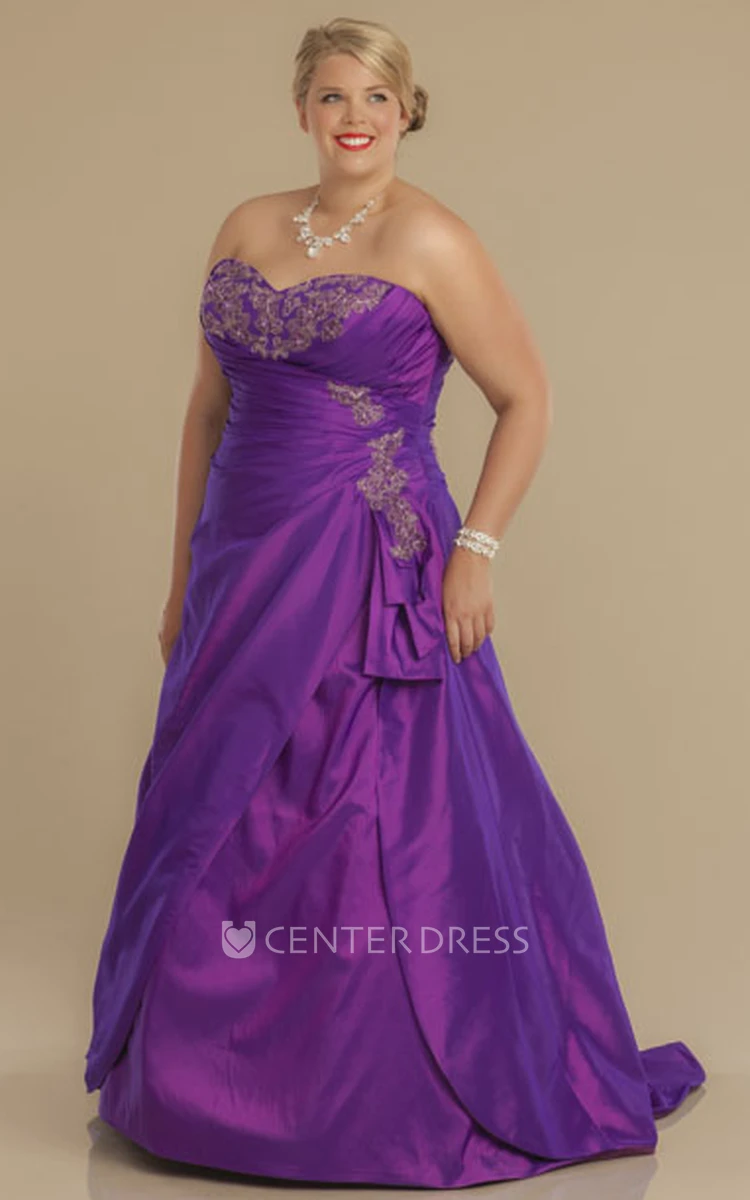 A-Line Sweetheart Maxi Appliqued Sleeveless Satin Plus Size Wedding Dress With Pick Up