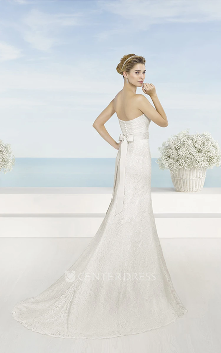 Trumpet Long Sweetheart Jeweled Lace Wedding Dress With Criss Cross And Bow