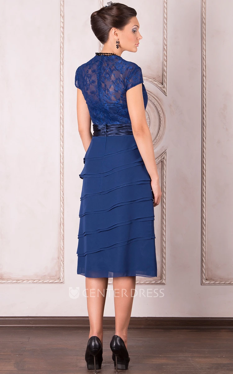 Knee-Length Cap Sleeve Square Neck Lace Chiffon Mother Of The Bride Dress