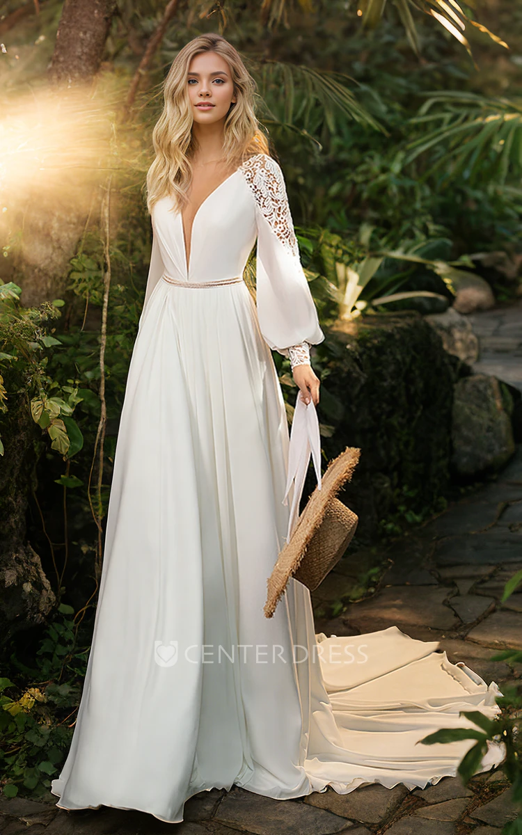 Sexy Vintage A-Line Chiffon Lace Balloon Sleeve Wedding Dress Solid Garden Plunging Neckline Floor-length Bridal Gown with Train Deep-V Back