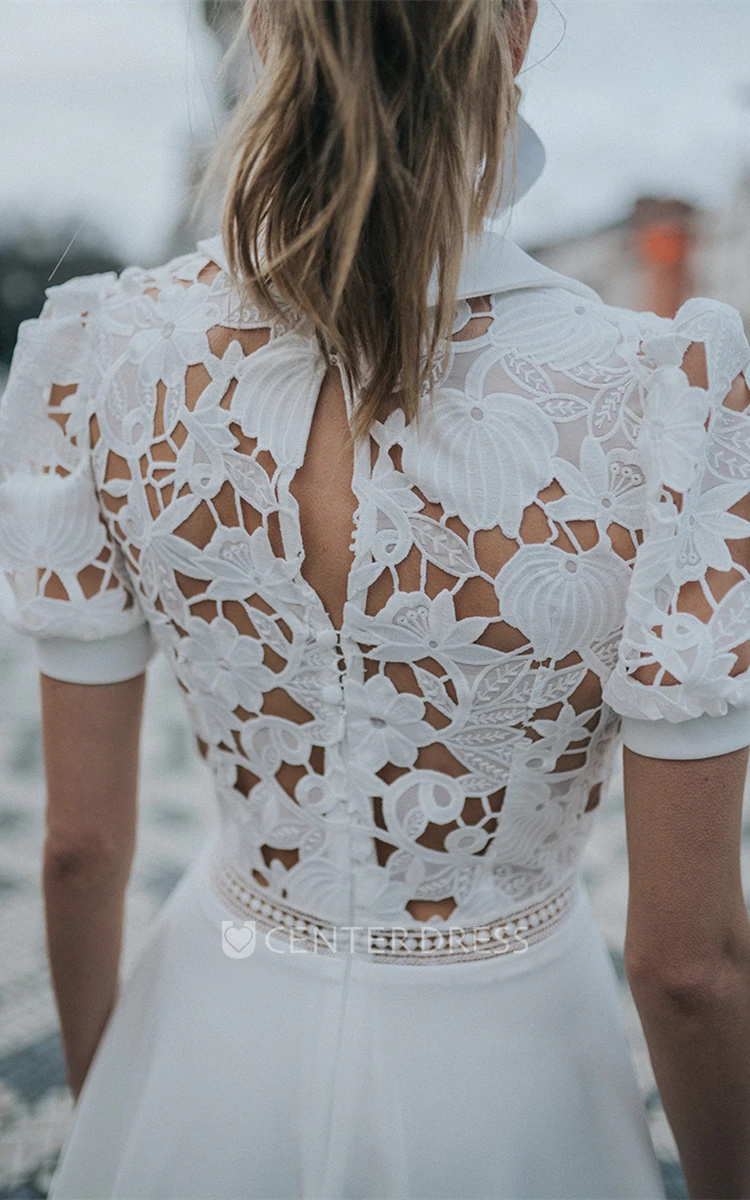 Puff Sleeve Vintage A Line V-neck Lace Wedding Dress
