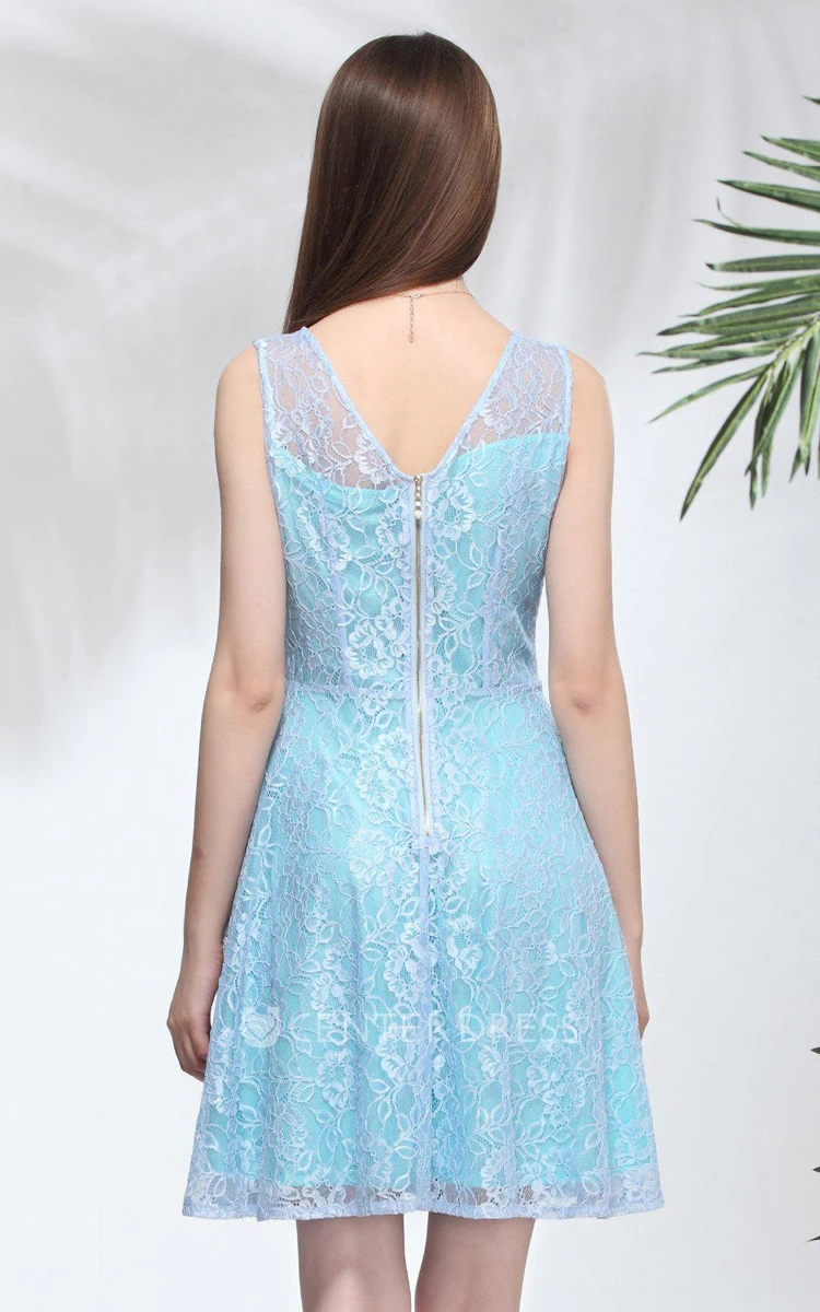 Sleeveless V-neck A-line Short Dress With Lace