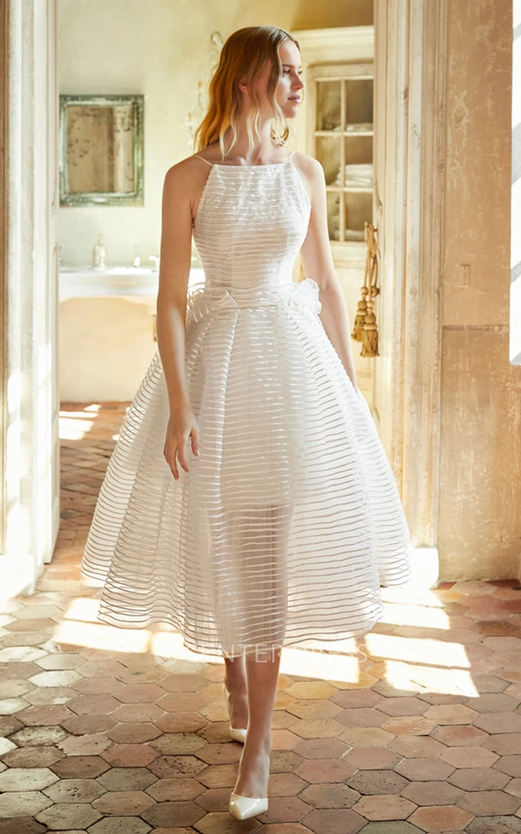 Modern A Line Organza Sleeveless Tea-length Wedding Dress With Halter Neckline And Open Back