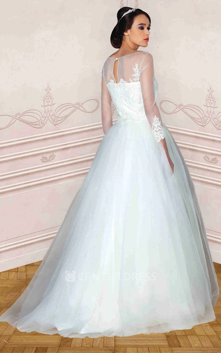 Maxi Scoop Long-Sleeve Appliqued Tulle Wedding Dress With Sweep Train And Illusion