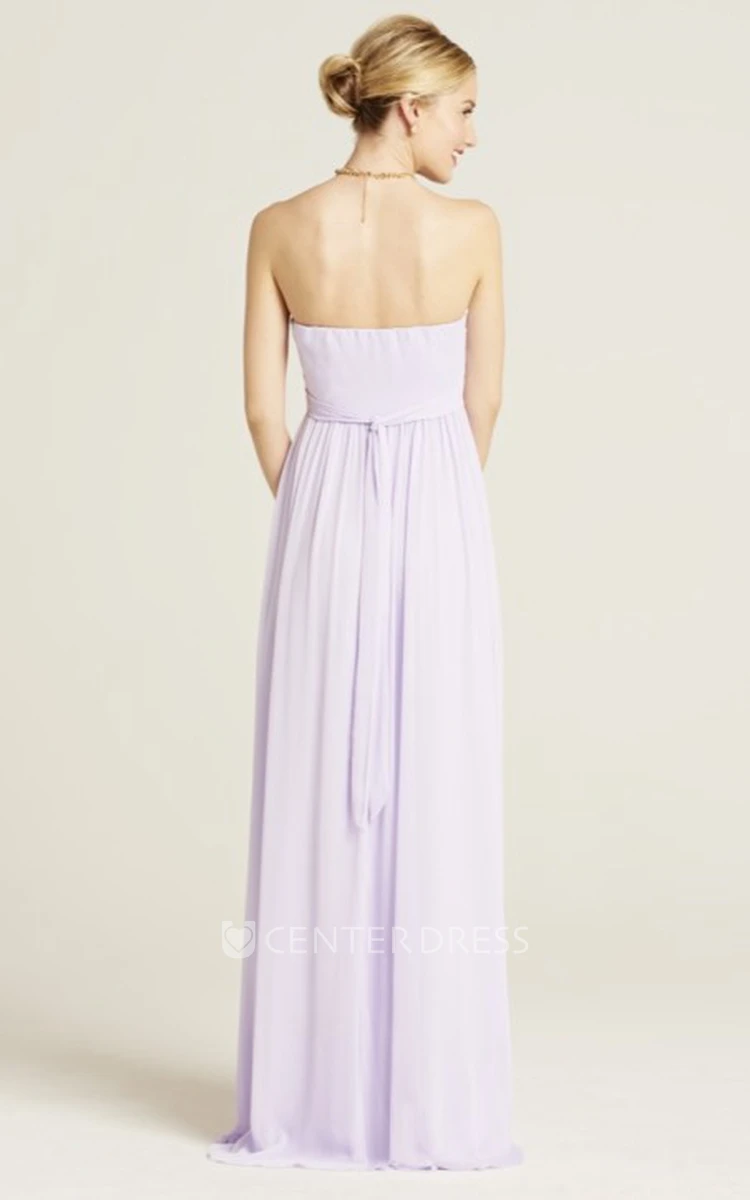 Floor-Length Ruched Strapless Chiffon Bridesmaid Dress With Bow And Brush Train