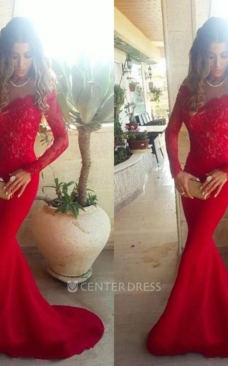 Sexy Red Lace Appliques Mermaid Prom Dress Sweep Train Long Sleeve