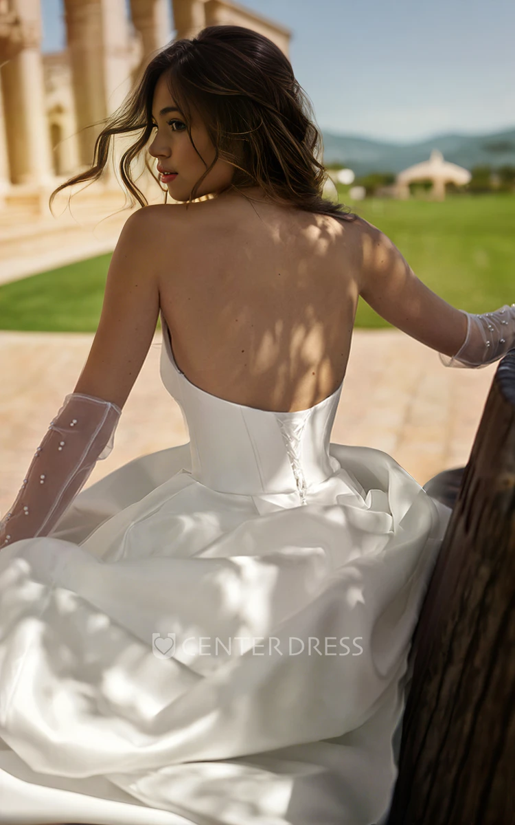 Simple Sexy Satin Sleeveless Strapless V-neck A-Line Wedding Dress Elegant Solid Split Front Floor-length Lace-up Back Bridal Gown with Train