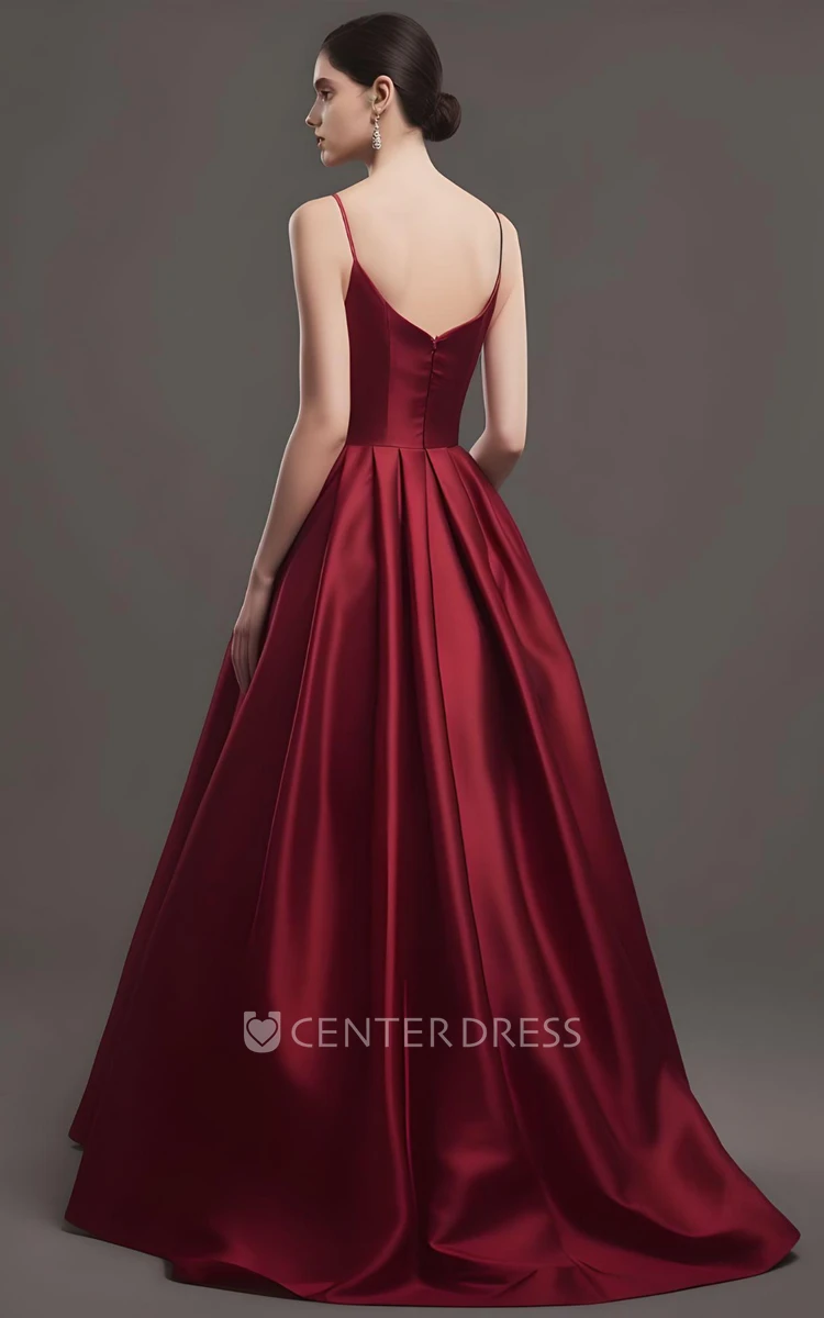 Satin Spaghetti Strap A-Line Prom Dress with Sweep Train Simple Sexy Modern Floor-length