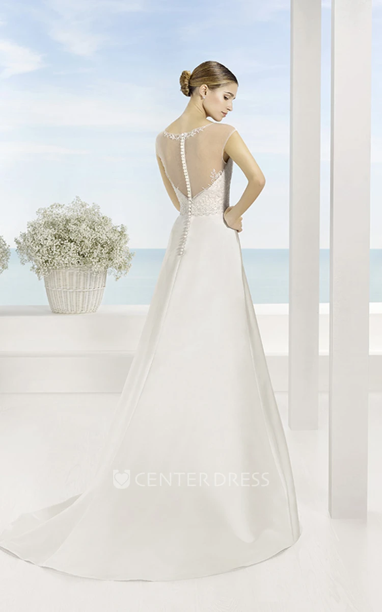A-Line Maxi Short-Sleeve Scoop-Neck Satin Wedding Dress With Embroidery And Illusion