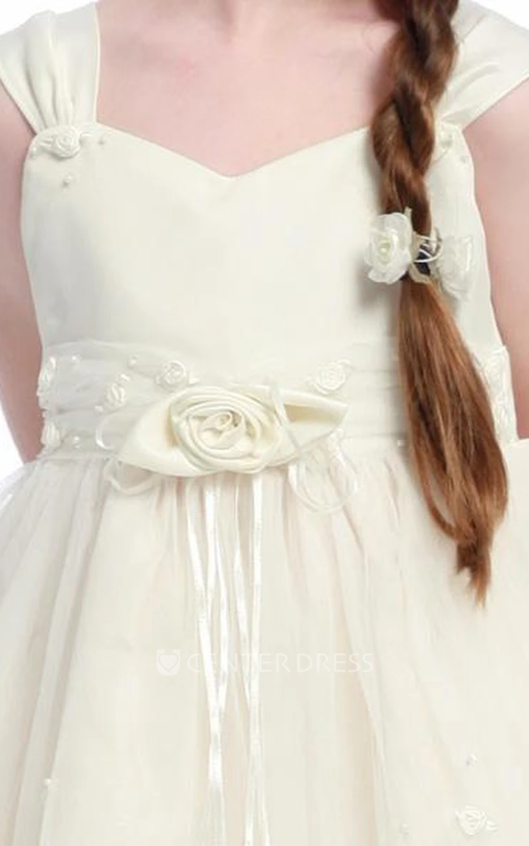 Tea-Length Floral Tulle&Satin Flower Girl Dress