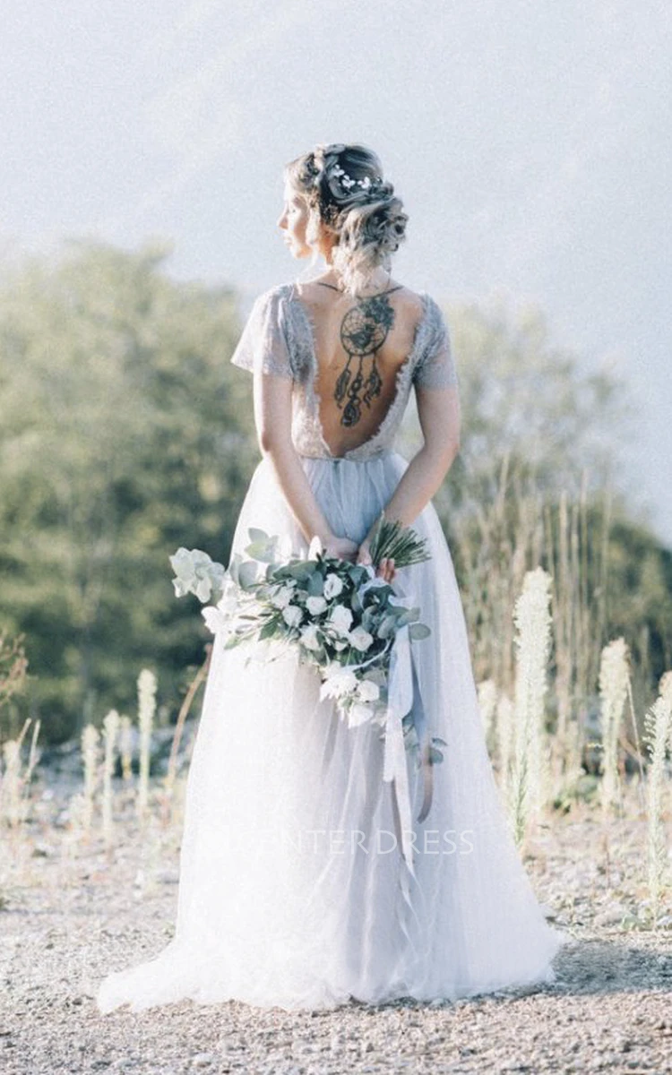 Simple Bohemian Lace Appliqued Tulle Wedding Dress With Open Back