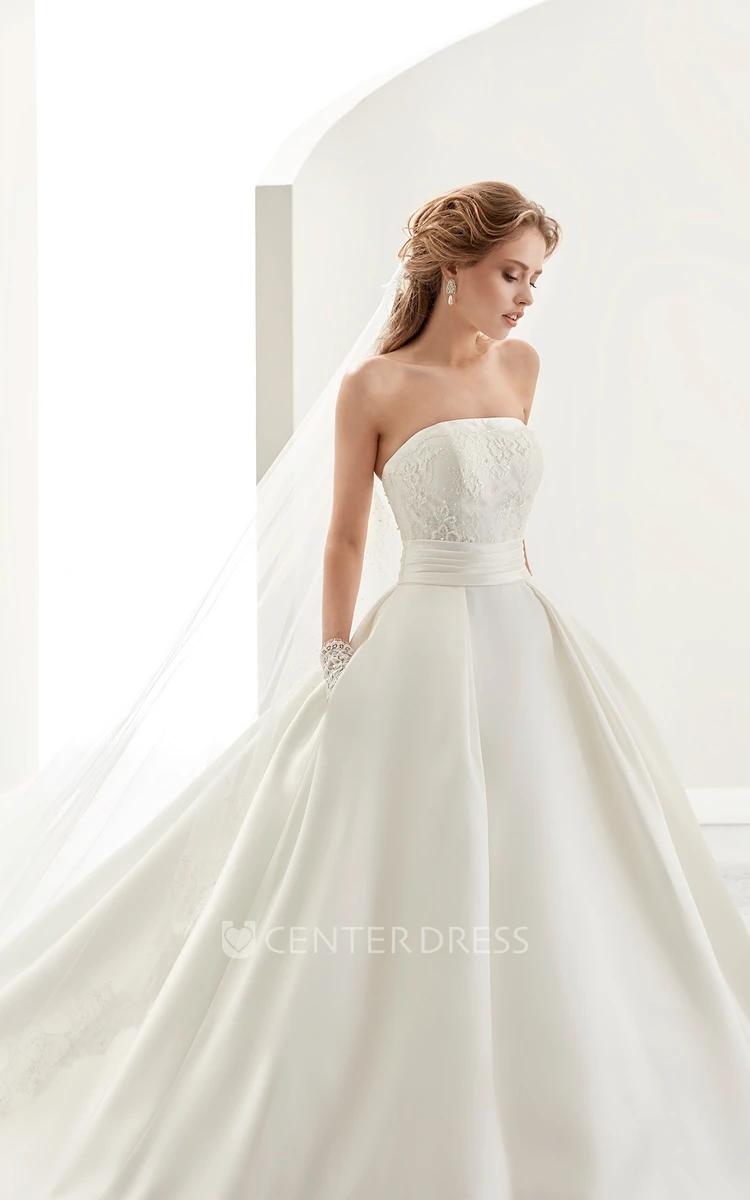 Strapless Brush-Train A-Line Satin Wedding Dress With Cinched Waistband And Open Back