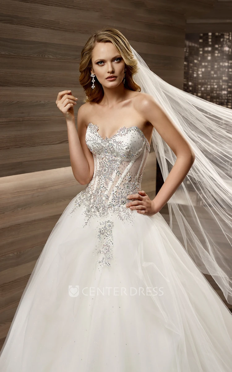 Sweetheart Brush-train A-line Wedding Dress with Beaded Corset and Tulle Skirt 