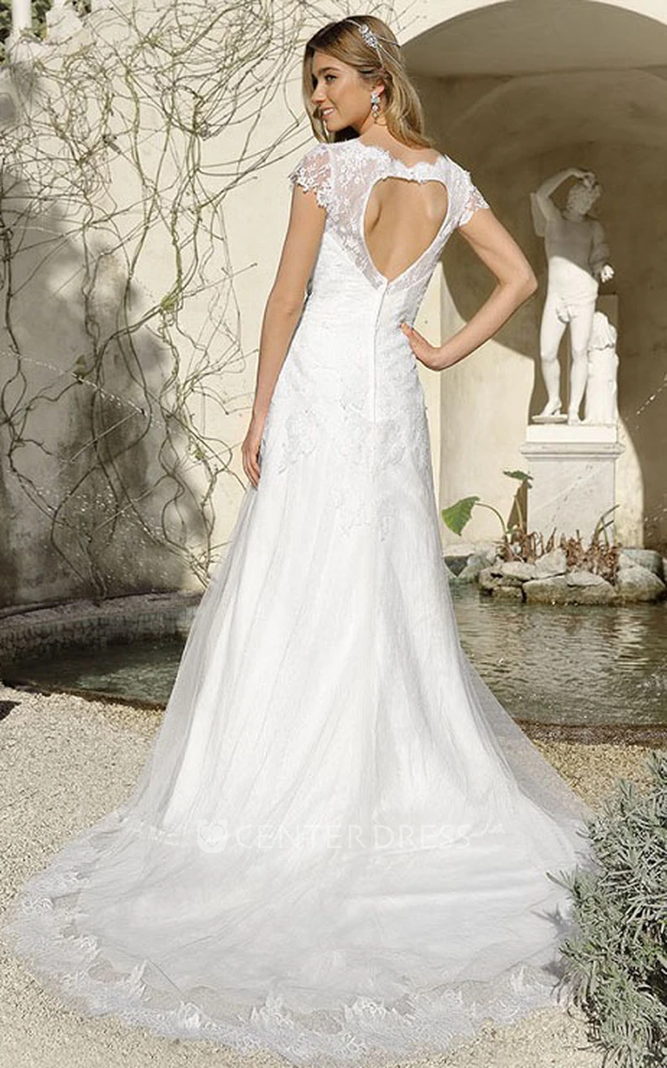 A-Line V-Neck Cap-Sleeve Lace Wedding Dress With Keyhole