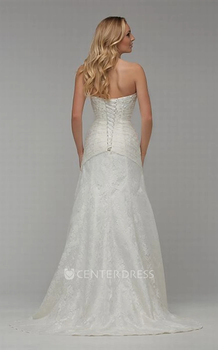 A-Line Appliqued Sleeveless Strapless Maxi Lace Wedding Dress With Side Draping And Beading