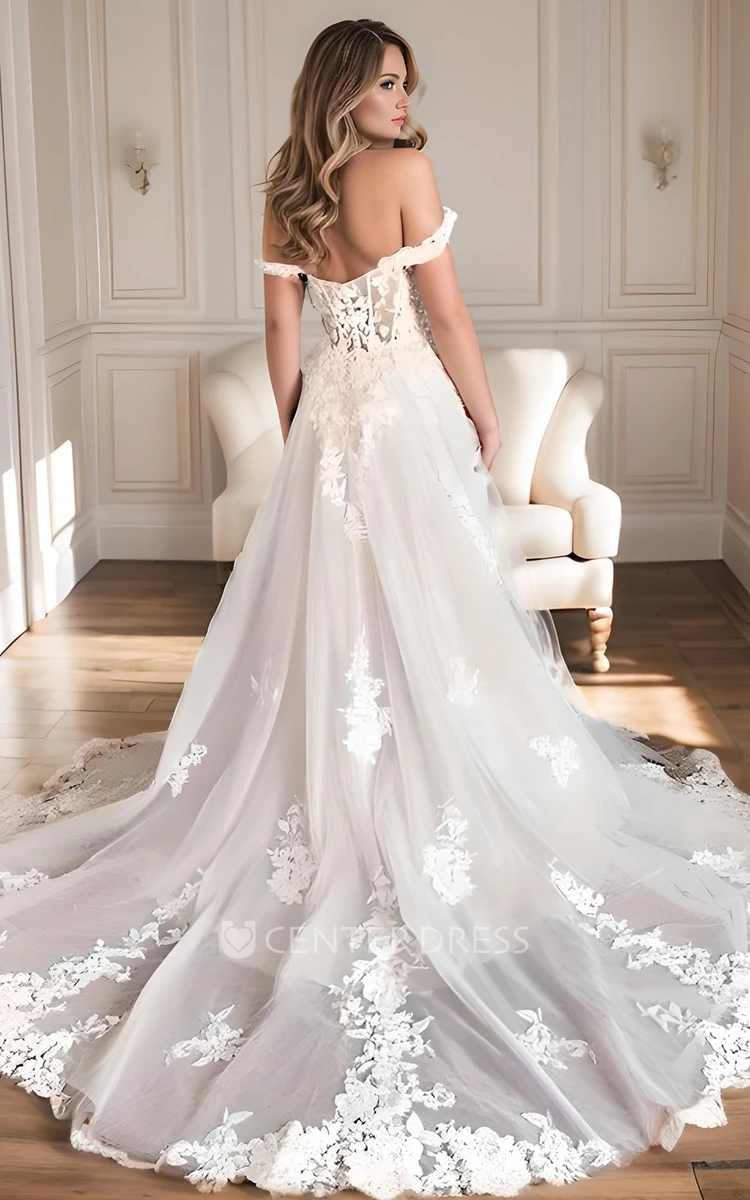 Sexy Beach Elegant A-Line Boho Lace Wedding Dress Tulle Chapel Train Corset Bridal Gown