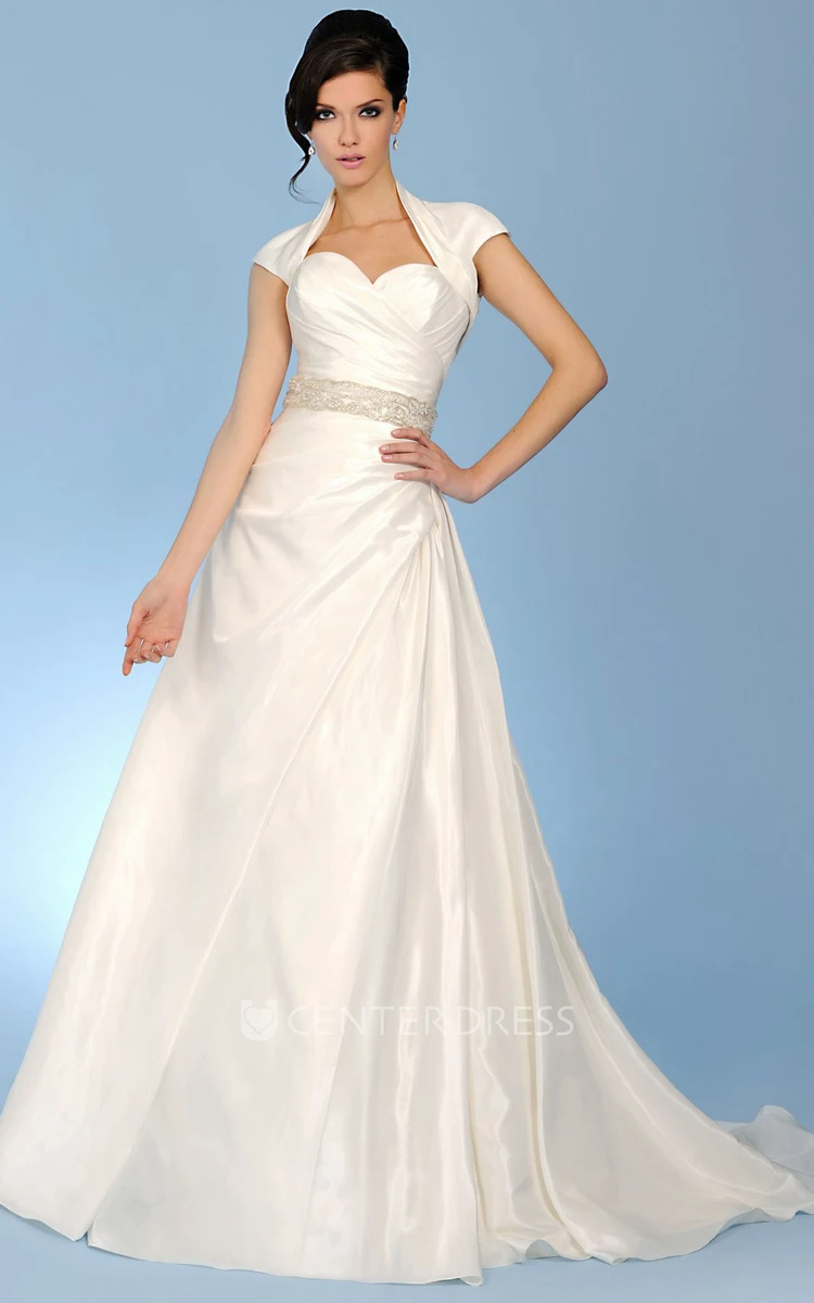 A-Line Sweetheart Cap-Sleeve Jeweled Taffeta Wedding Dress With Side Draping And Cape