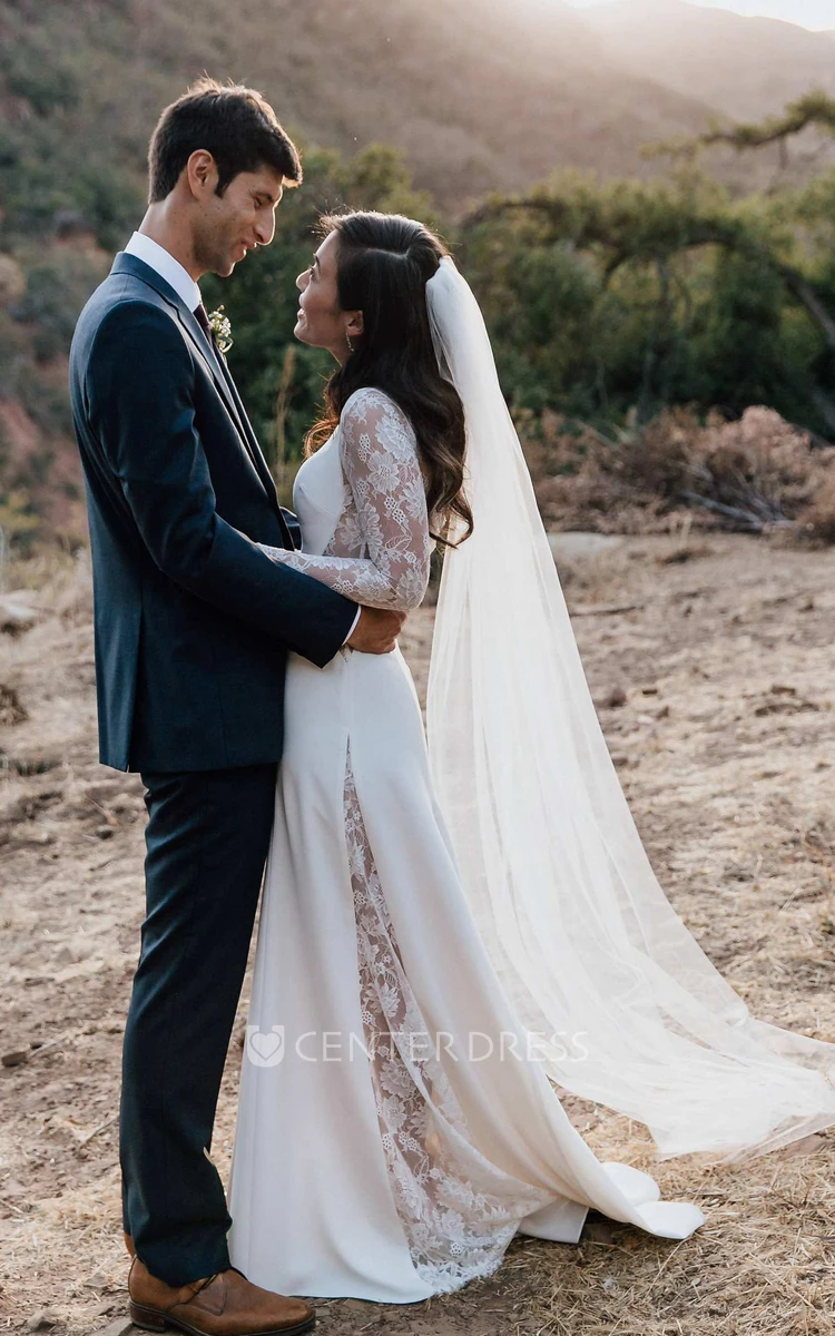 Jewel-Neck Lace Long Sleeve Chiffon Wedding Dress With Illusion