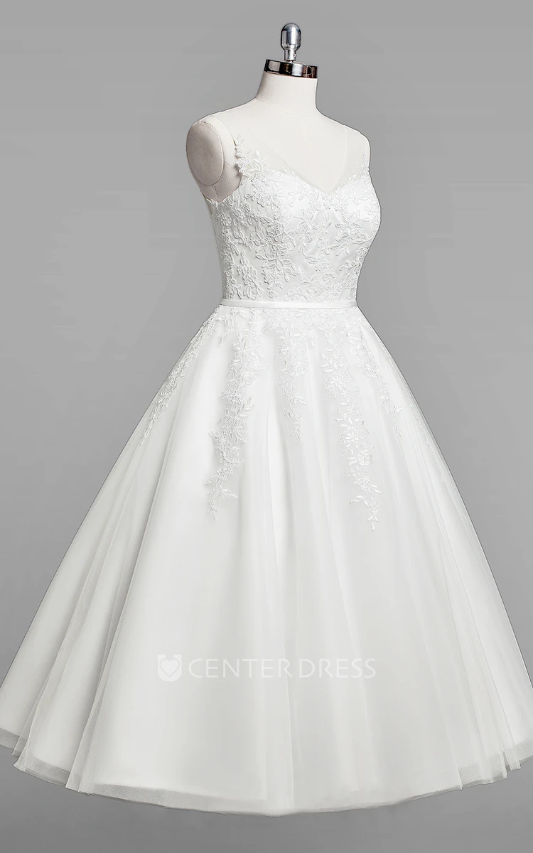 V-Neck Sleeveless A-Line Lace Tea-Length Wedding Dress