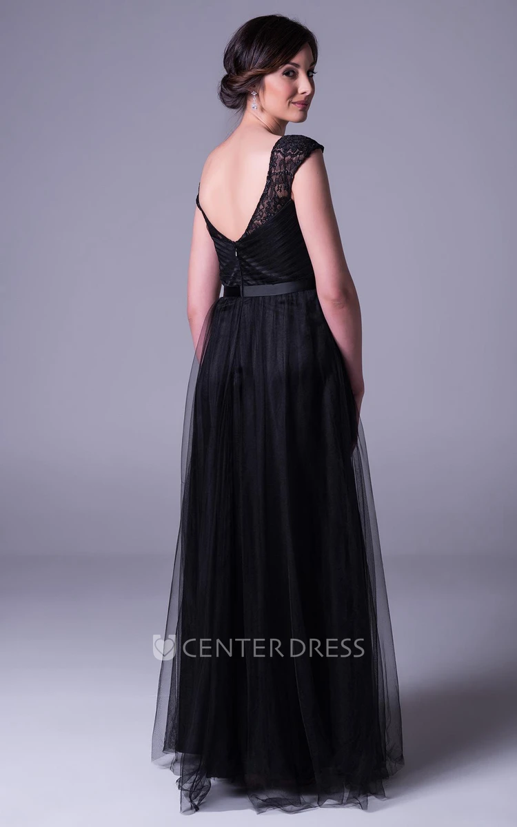Sheath V-Neck Cap-Sleeve Maxi Lace Tulle Bridesmaid Dress With Waist Jewellery