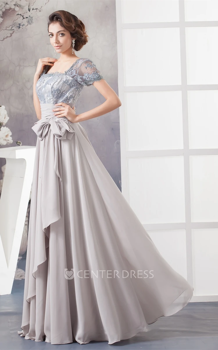 Chiffon Pleated Gown with Bow and Illusion Caped Sleeve