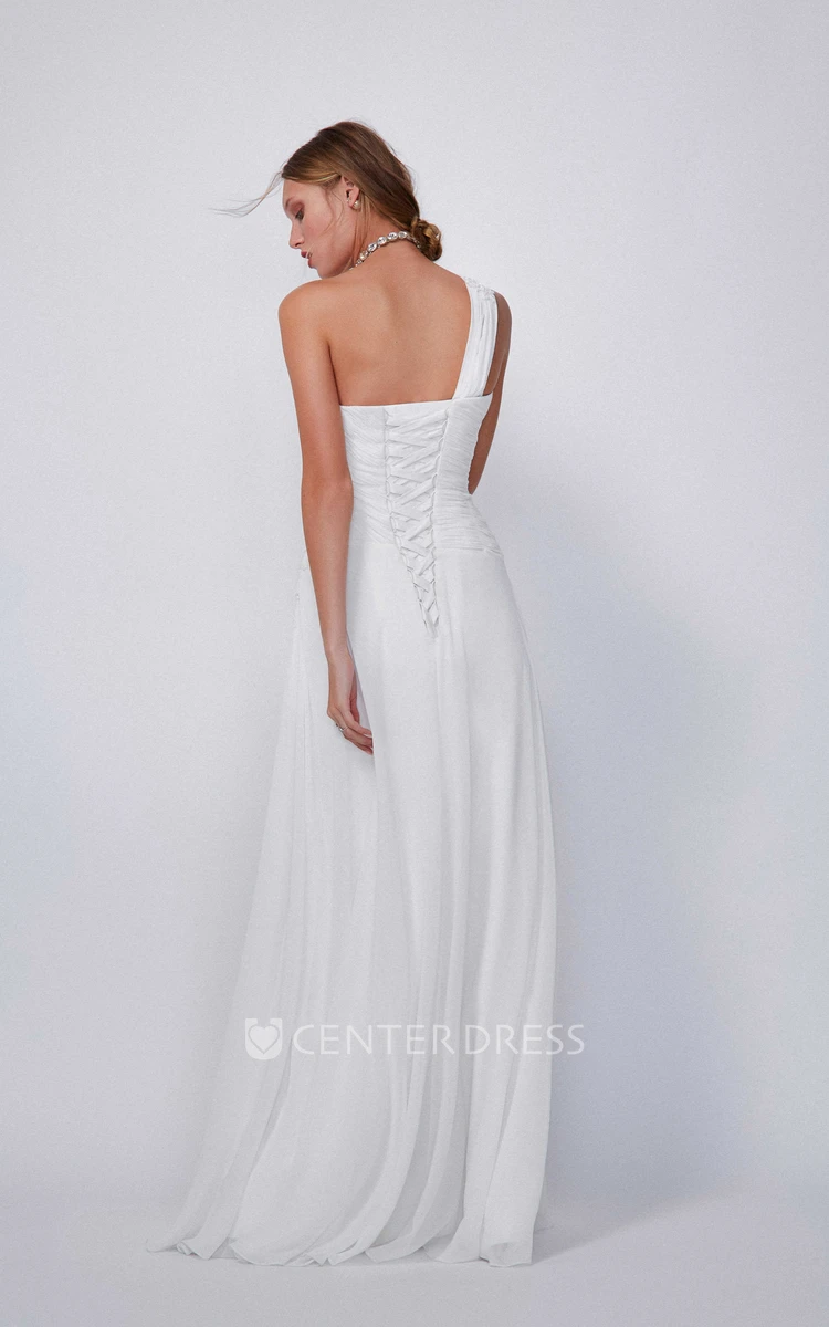 One-Shoulder Long Appliqued Chiffon Wedding Dress With Draping And Corset Back