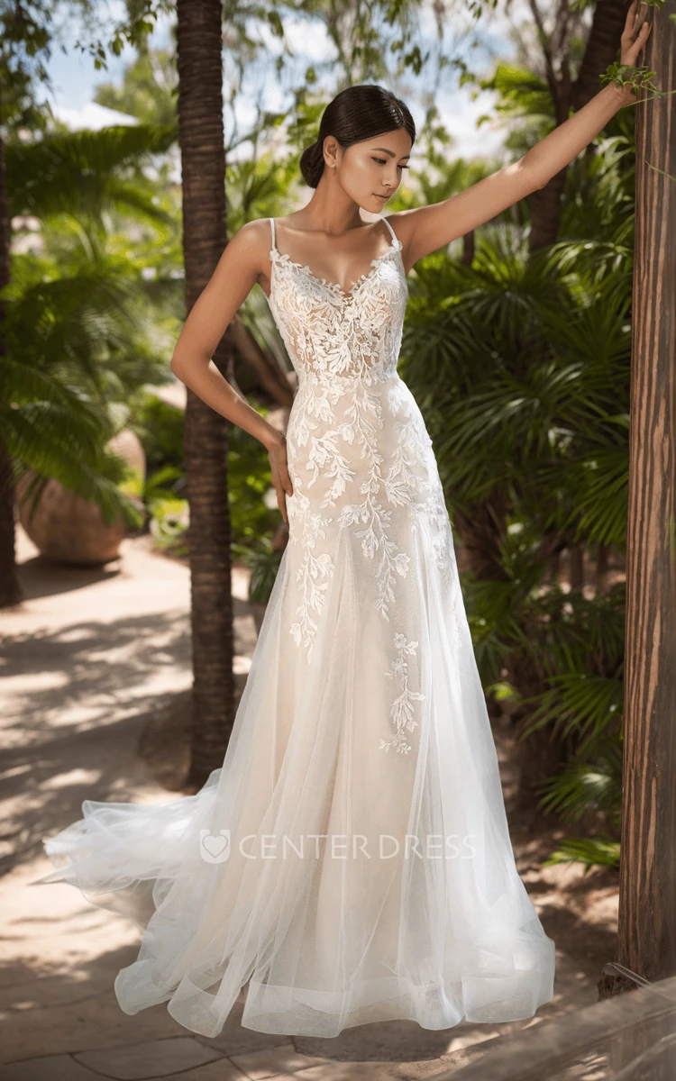 Mermaid Sleeveless Spaghetti V-neck Tulle Lace Wedding Dress Ethereal Appliques Floor-length Bridal Gown