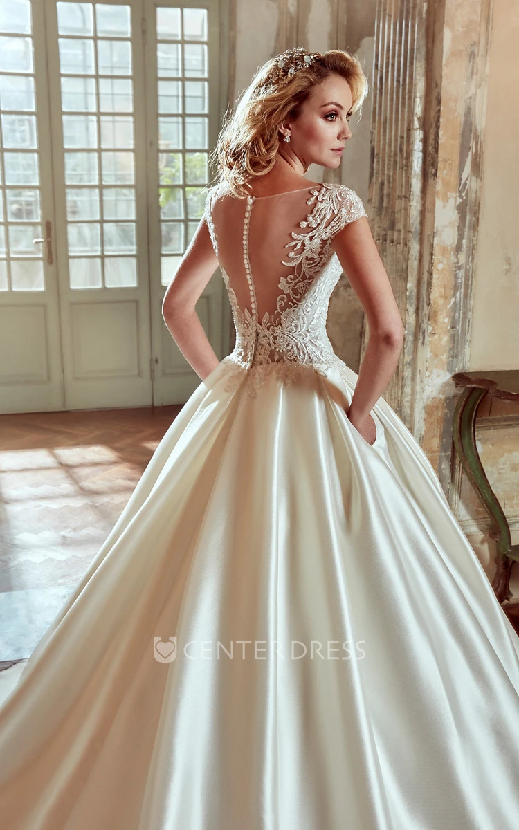 A Line Vintage Lace Bodice Bateau Corset Back Satin Wedding Dress