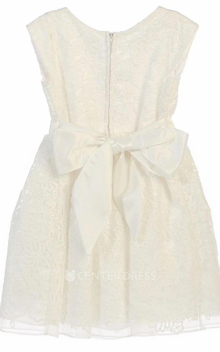 Floral Knee-Length Cap-Sleeve Bowed Organza&Satin Flower Girl Dress With Embroidery
