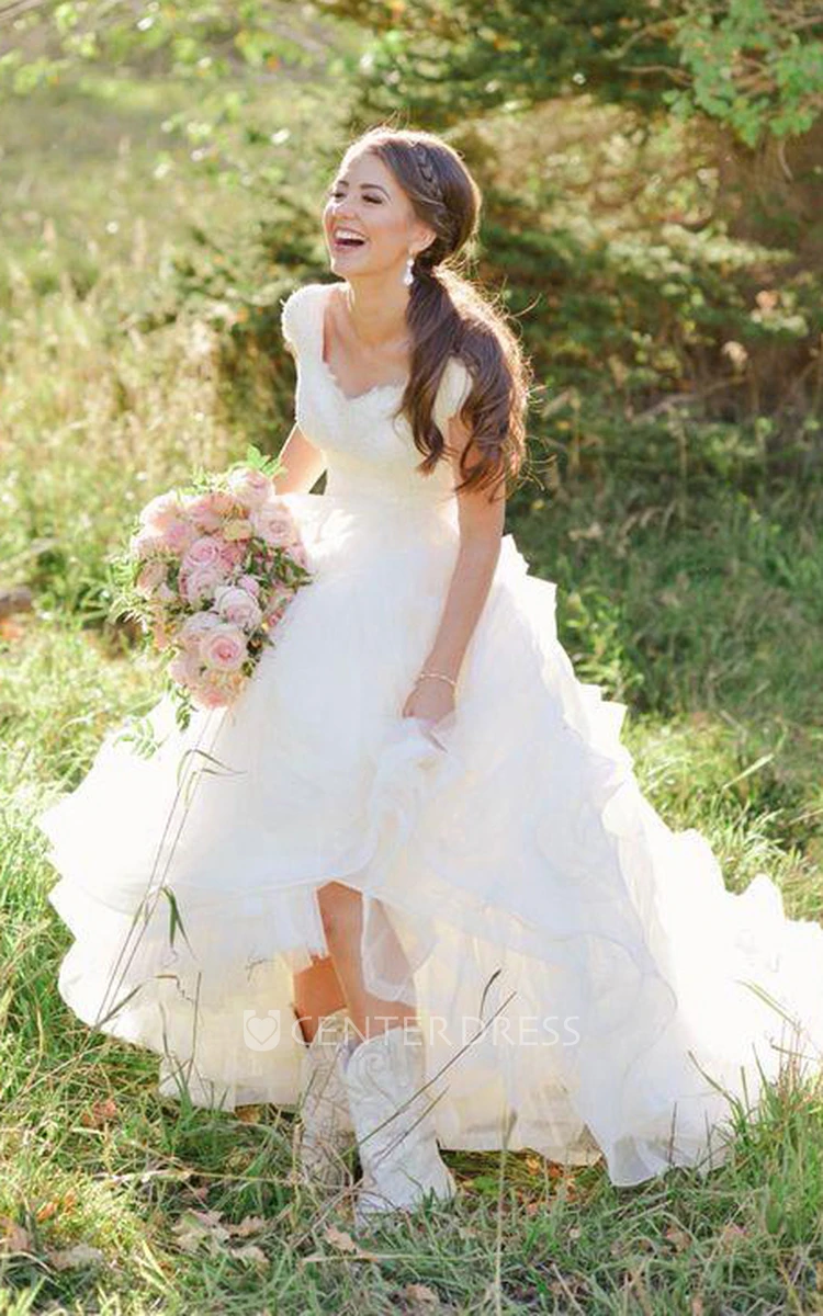Ucenter Dress A Line Queen Anne Organza Lace Zipper Wedding Gown - White