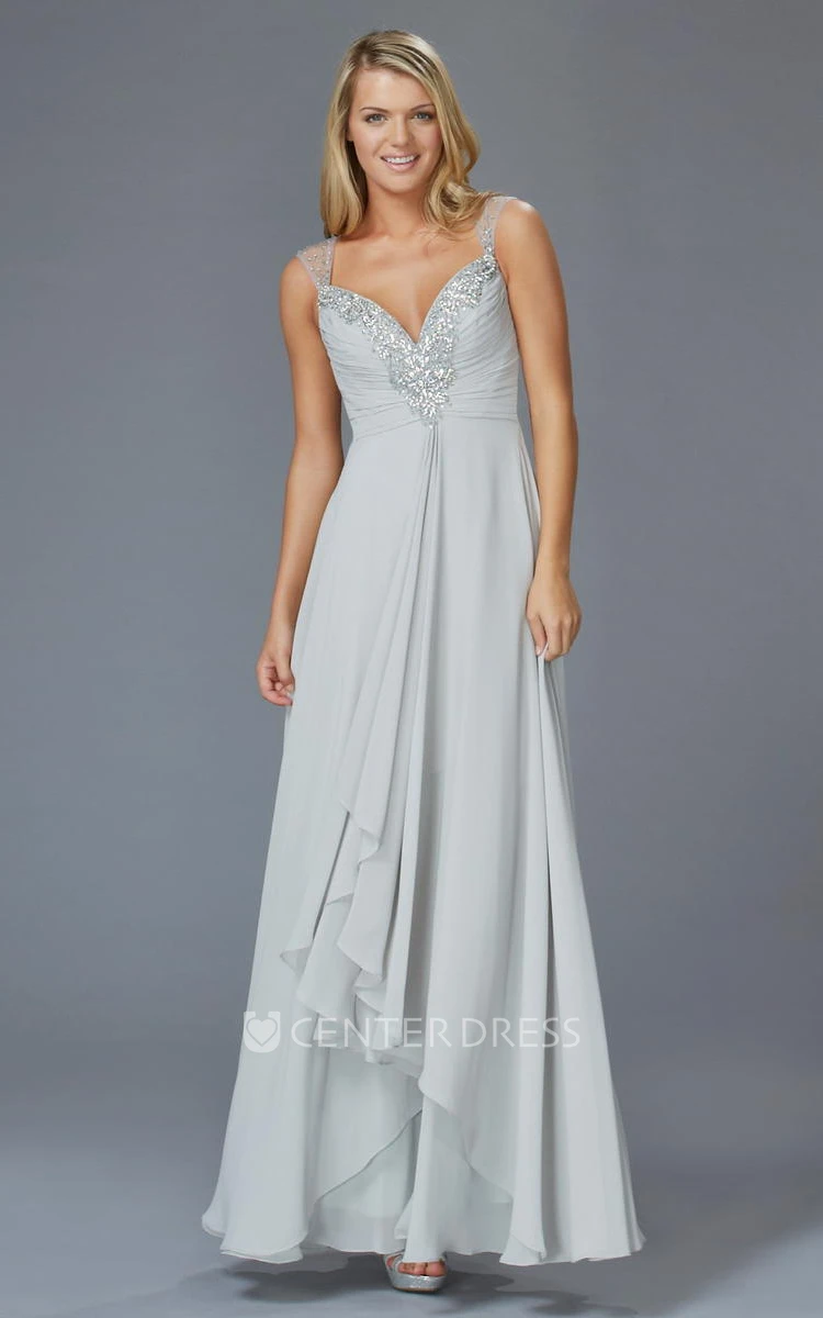 A-Line Long Queen Anne Chiffon Keyhole Dress With Beading And Draping