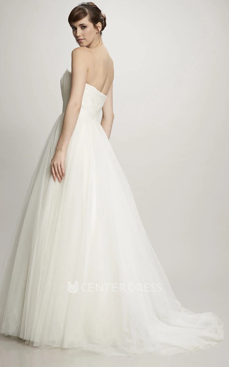 A-Line Jeweled Floor-Length Sweetheart Tulle Wedding Dress With Ruching And Brush Train