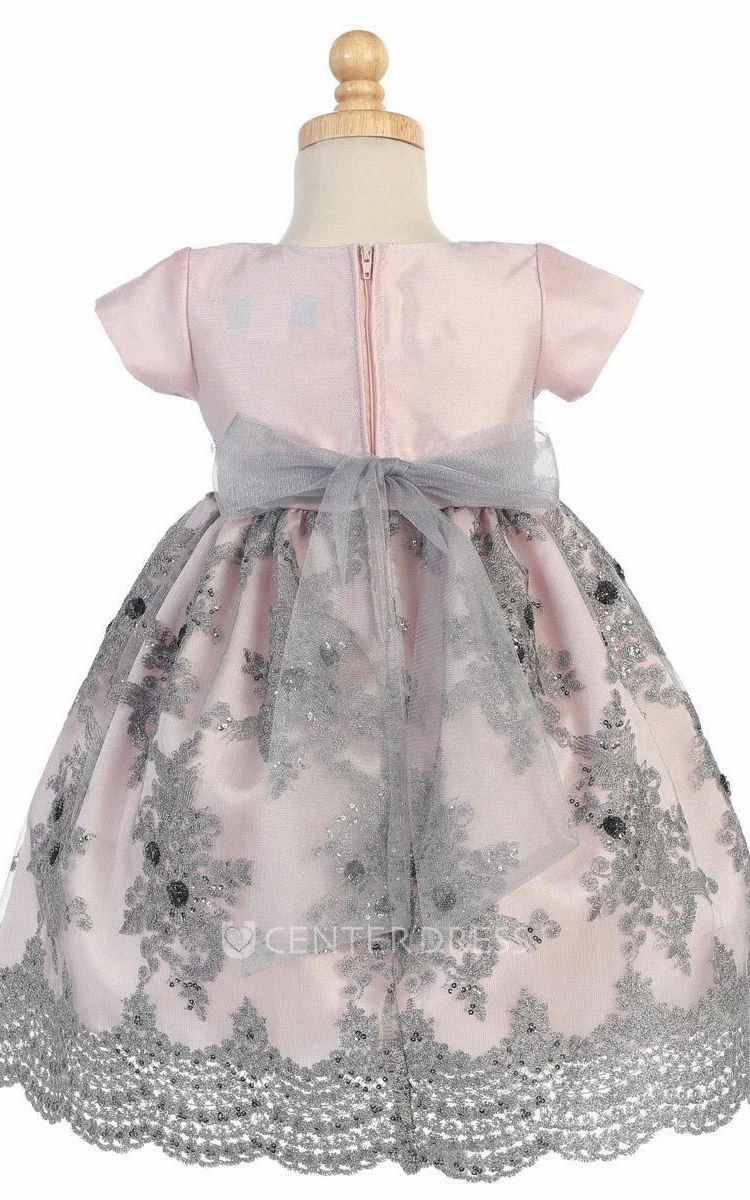 Tea-Length Embroideried Floral Tulle&Sequins Flower Girl Dress With Sash