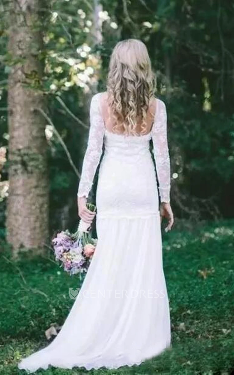 Sheath Scoop Chiffon Lace Open Back Zipper Wedding Gown